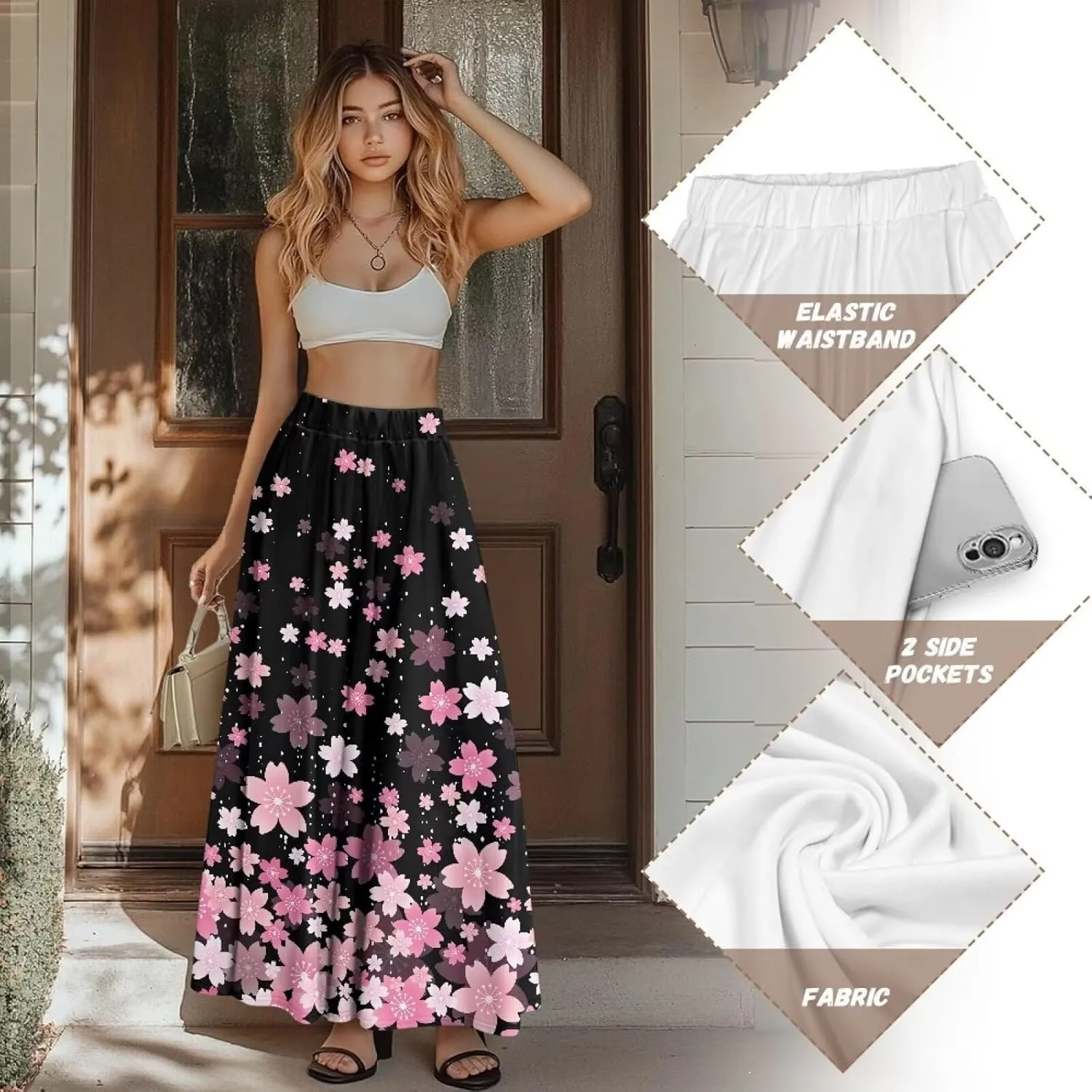 Long Maxi Skirt for Women Long Length High-Waist Midi Skirts with Pockets A-line Pleated Flare Skort Summer Clothes