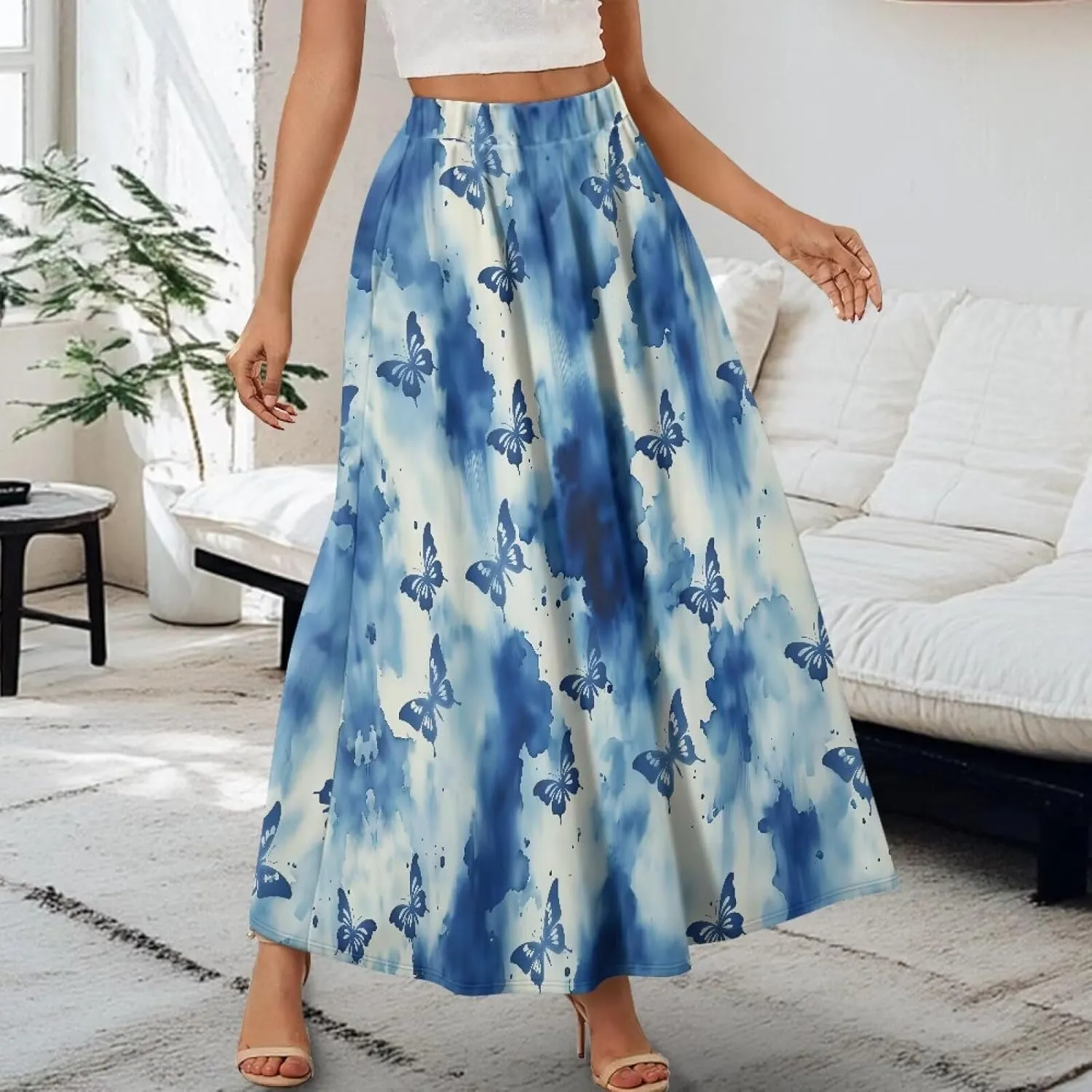 Long Maxi Skirt for Women Long Length High-Waist Midi Skirts with Pockets A-line Pleated Flare Skort Summer Clothes
