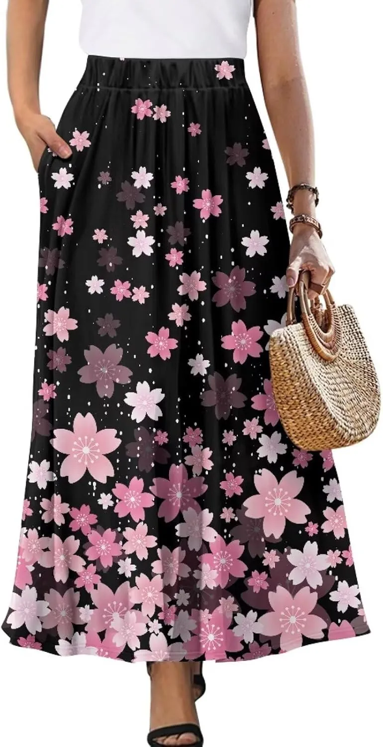 Long Maxi Skirt for Women Long Length High-Waist Midi Skirts with Pockets A-line Pleated Flare Skort Summer Clothes