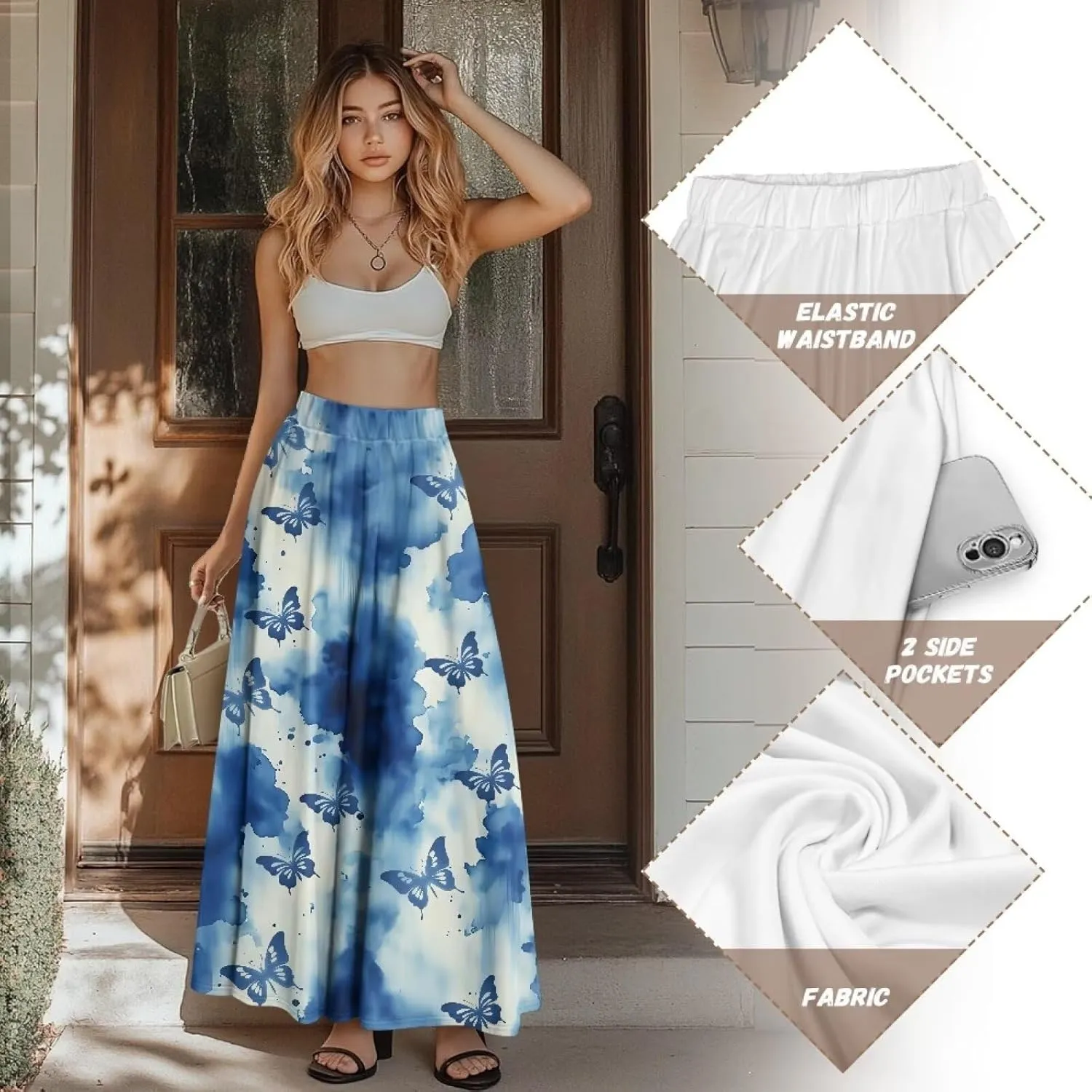 Long Maxi Skirt for Women Long Length High-Waist Midi Skirts with Pockets A-line Pleated Flare Skort Summer Clothes