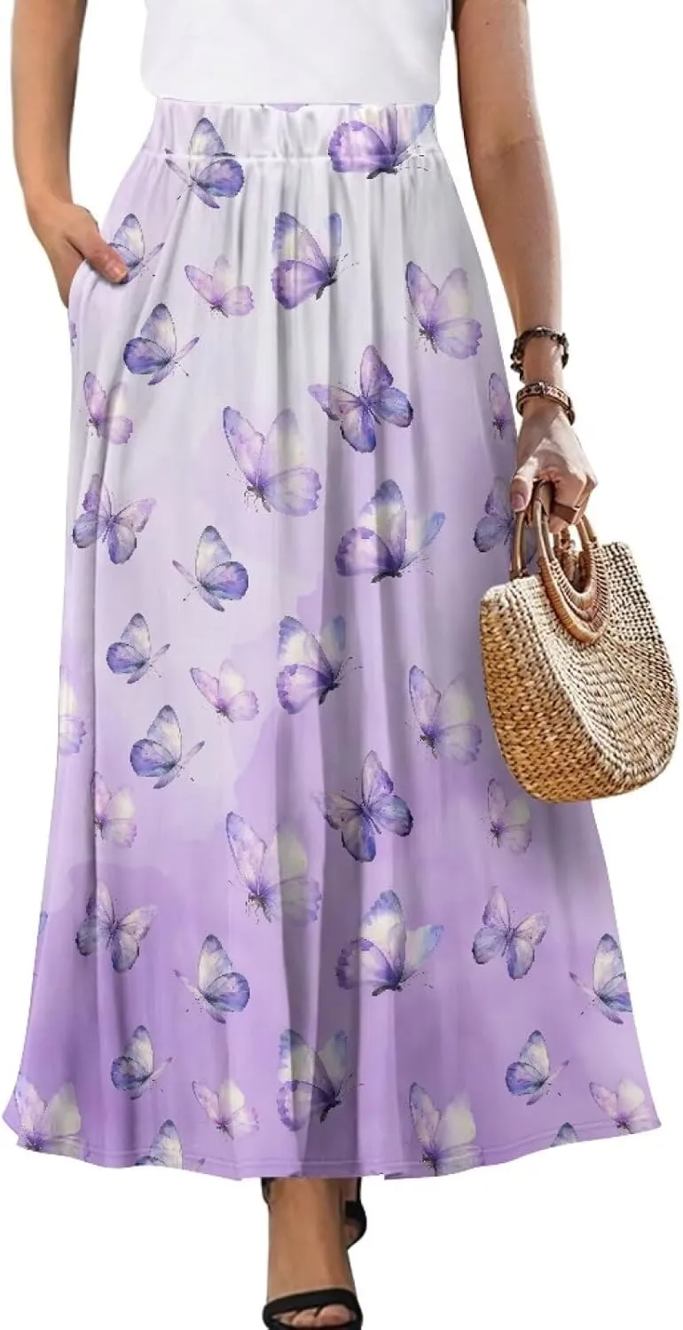 Long Maxi Skirt for Women Long Length High-Waist Midi Skirts with Pockets A-line Pleated Flare Skort Summer Clothes