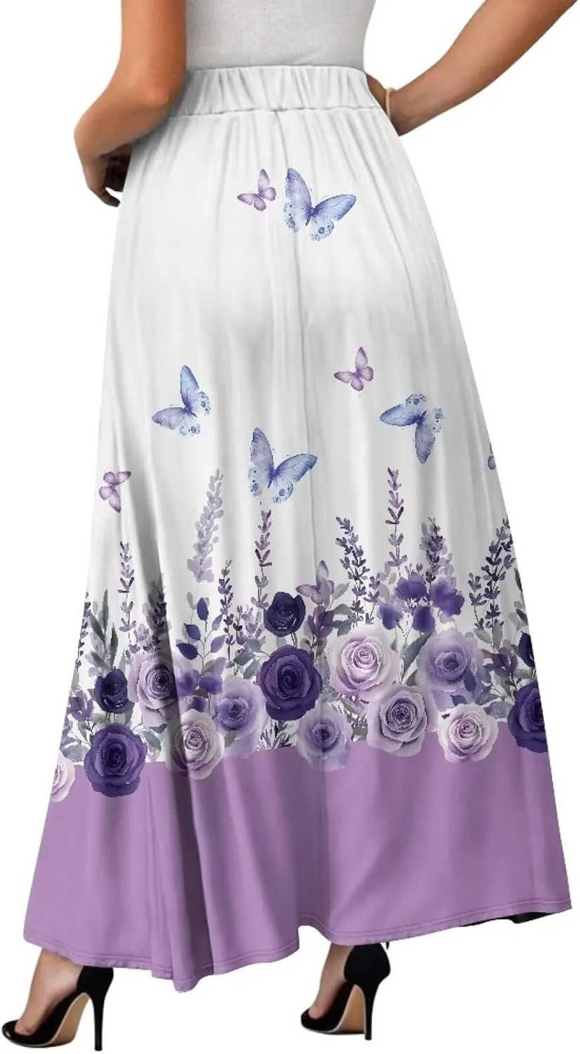 Long Maxi Skirt for Women Long Length High-Waist Midi Skirts with Pockets A-line Pleated Flare Skort Summer Clothes