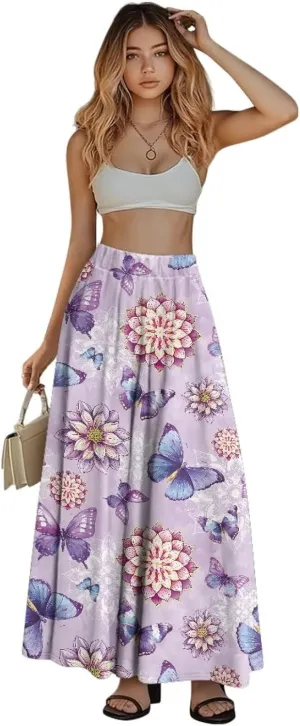 Long Maxi Skirt for Women Long Length High-Waist Midi Skirts with Pockets A-line Pleated Flare Skort Summer Clothes