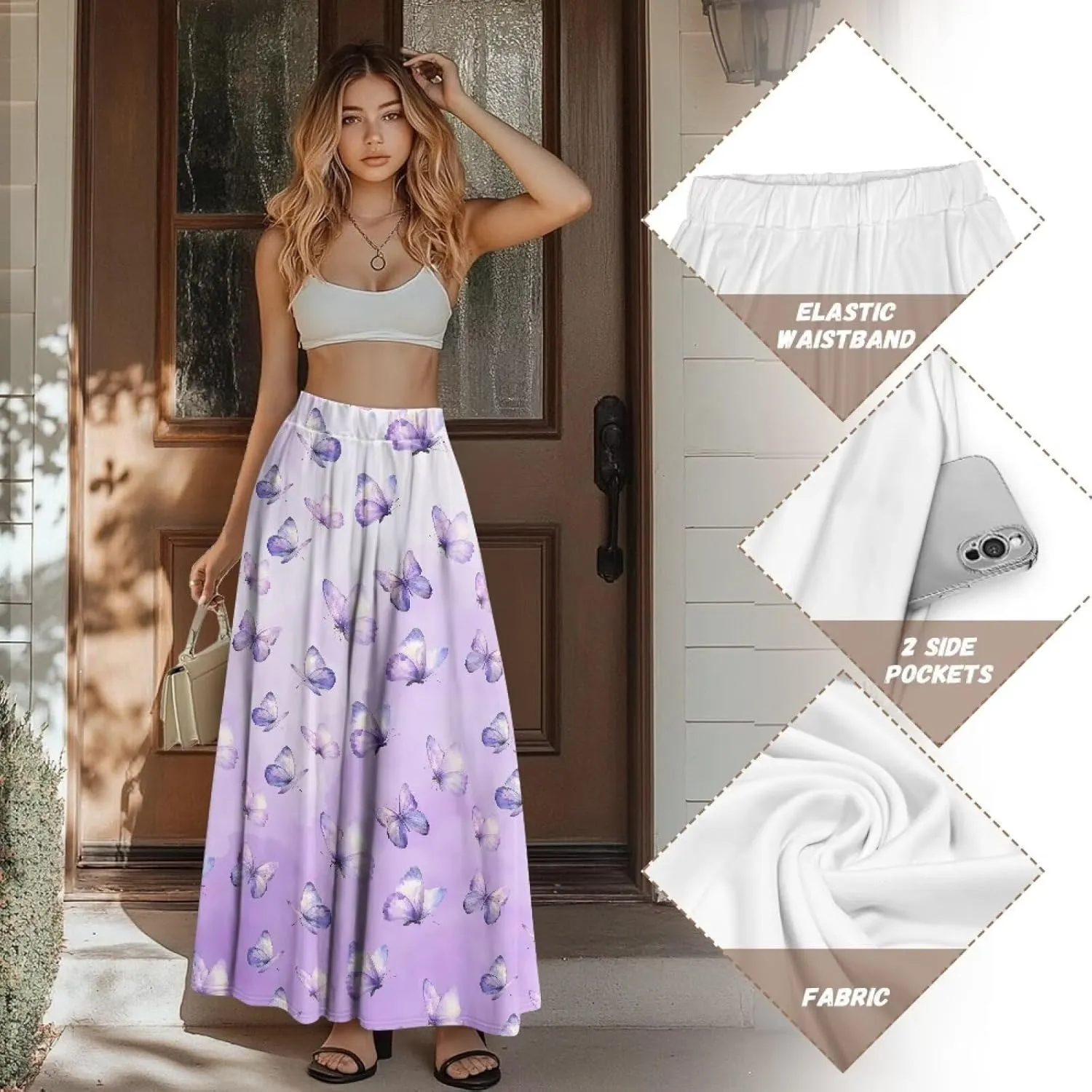 Long Maxi Skirt for Women Long Length High-Waist Midi Skirts with Pockets A-line Pleated Flare Skort Summer Clothes