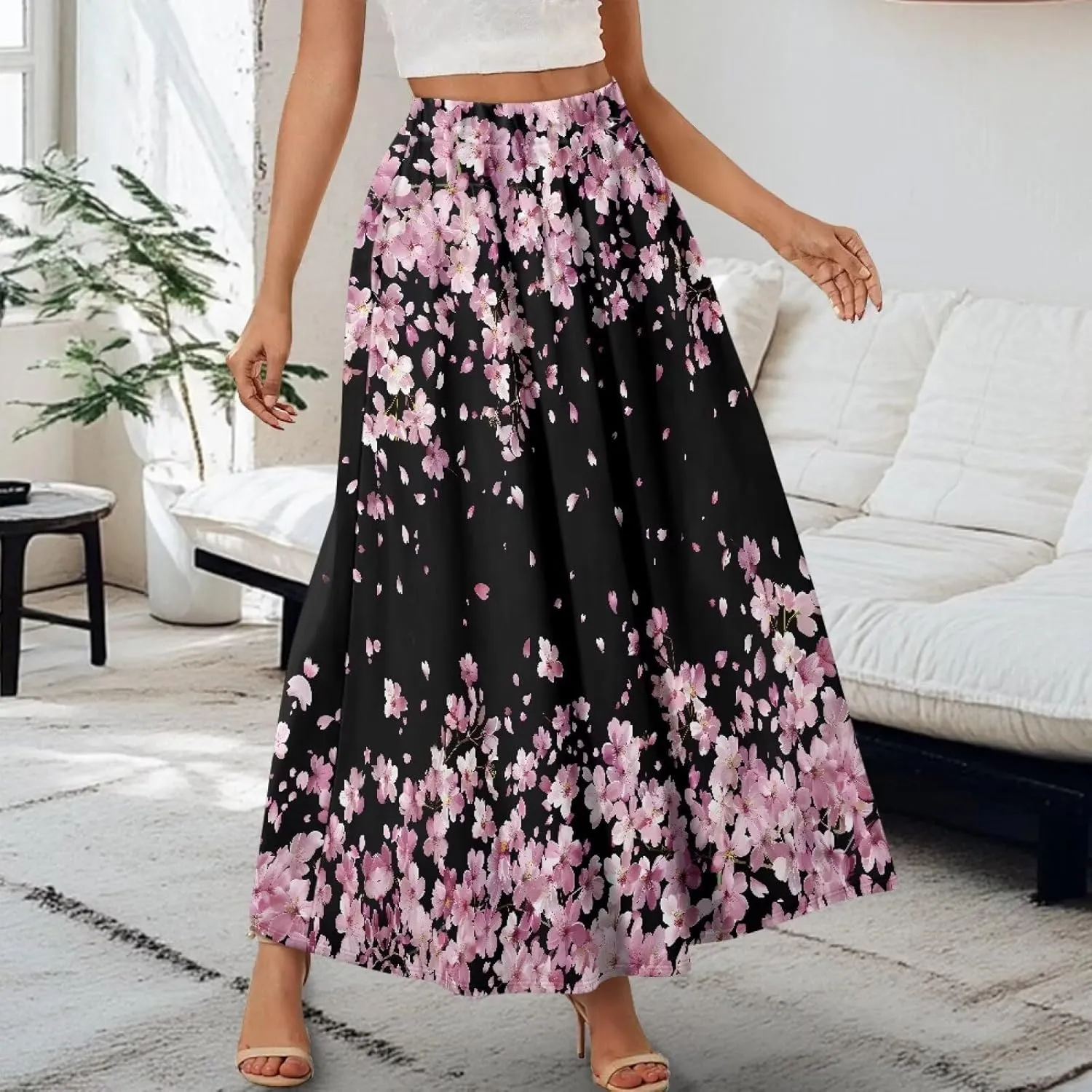 Long Maxi Skirts for Women High Waisted Ruched Skirts with Pockets Breathable Boho Clothes for Ladies S-2XL