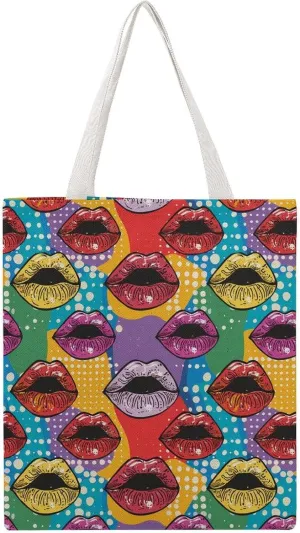 Love You Kiss Me Lipstick Kisses Canvas Tote Bag Casual Handbags Grocery Shopping Purses Work Bag for Women