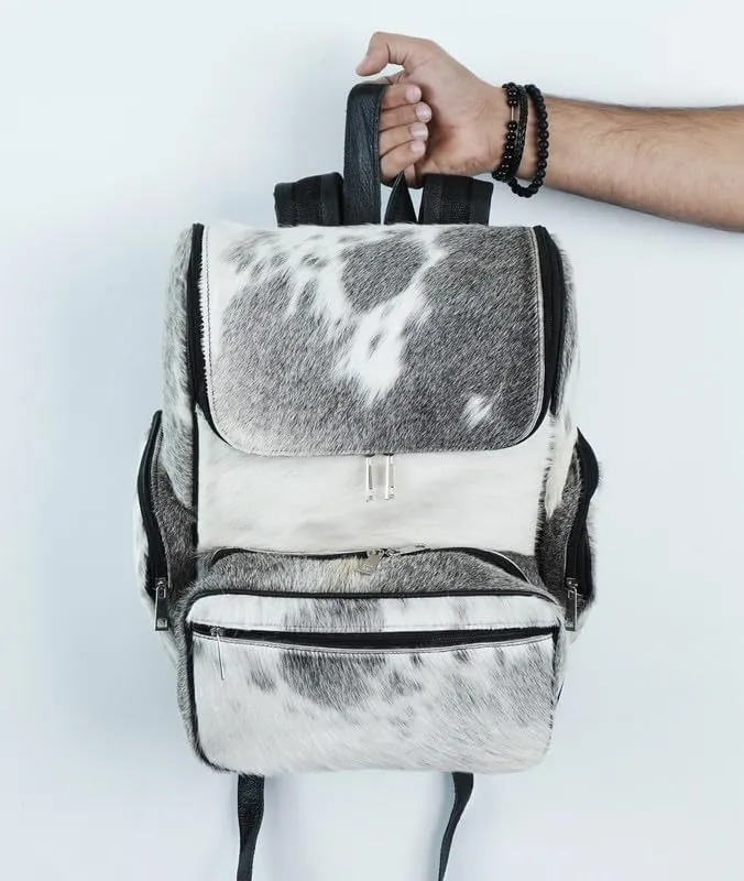 LP-FACON Cow Print Western Backpack - Cow Hair On Leather Diaper Bag - Grey Cowhide Leather Travel Backpack