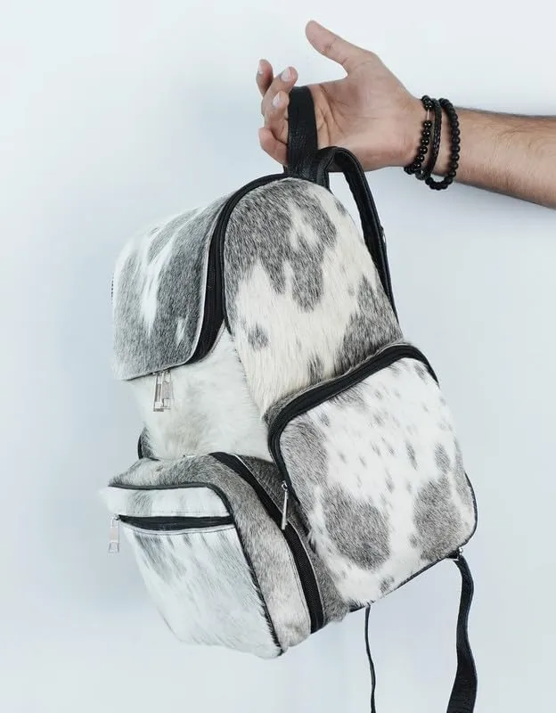LP-FACON Cow Print Western Backpack - Cow Hair On Leather Diaper Bag - Grey Cowhide Leather Travel Backpack