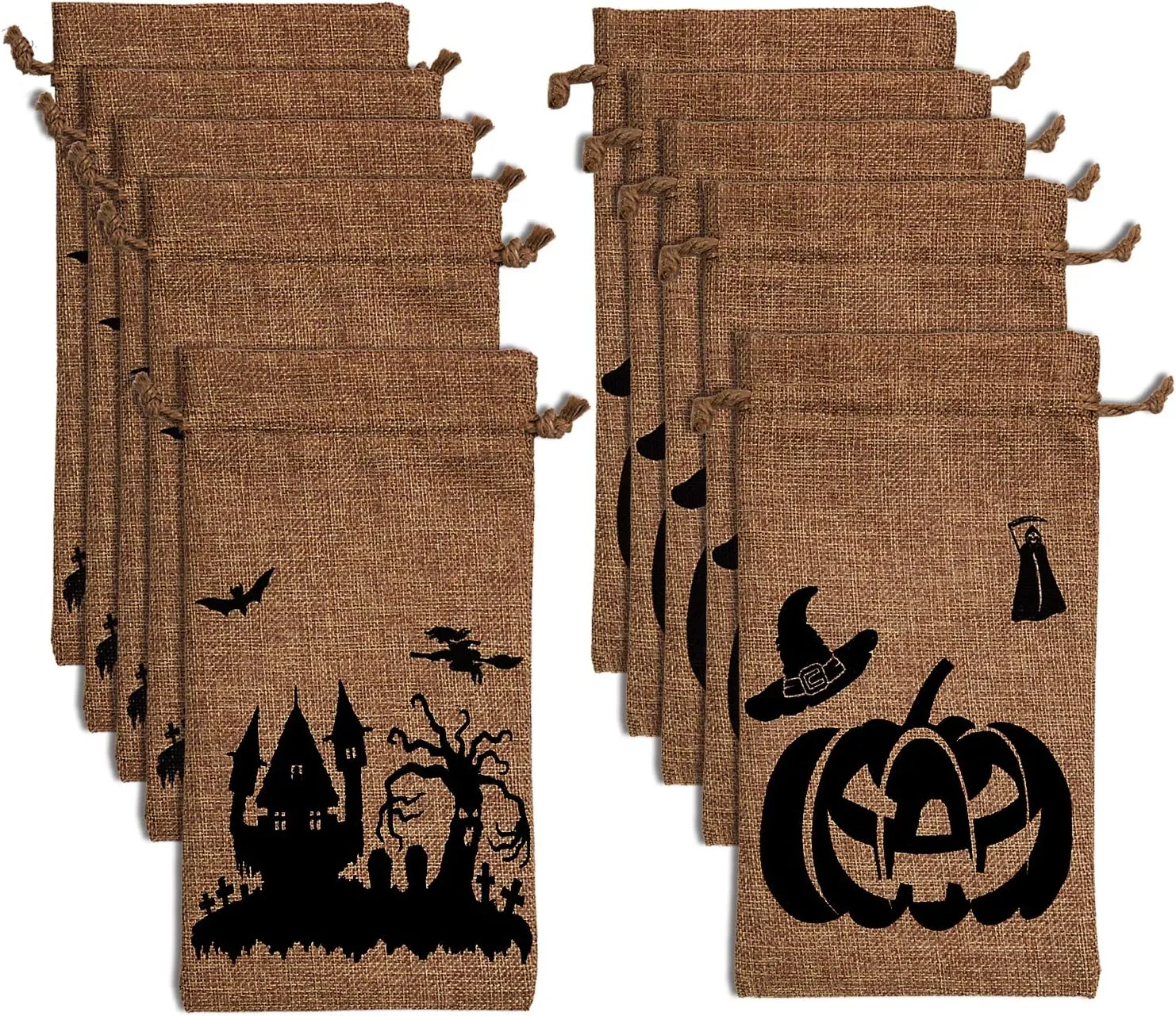Luter 9.8" x 5.8" Halloween Burlap Bags Trick or Treat Hessian Bags Drawstring Gift Bags for Party Candy Cookie Goodie Favors(10 Pack)