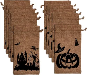 Luter 9.8" x 5.8" Halloween Burlap Bags Trick or Treat Hessian Bags Drawstring Gift Bags for Party Candy Cookie Goodie Favors(10 Pack)
