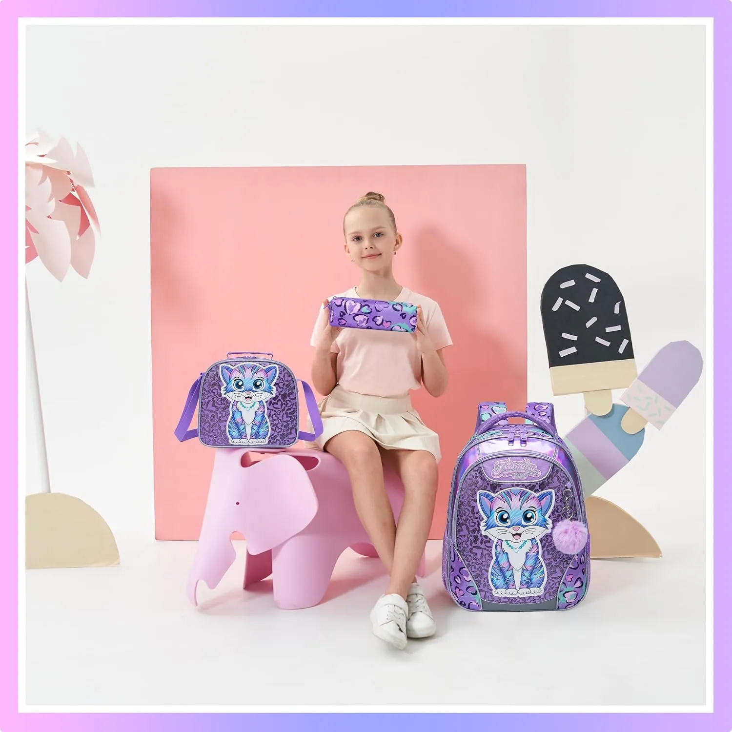 Meetbelify Backpacks for Girls School Bag Cute Girls Backpacks Ages 8-10 with Lunch Box Kids Bookbag Set Travel Backpack for Preschool Kindergarten Elementary Students