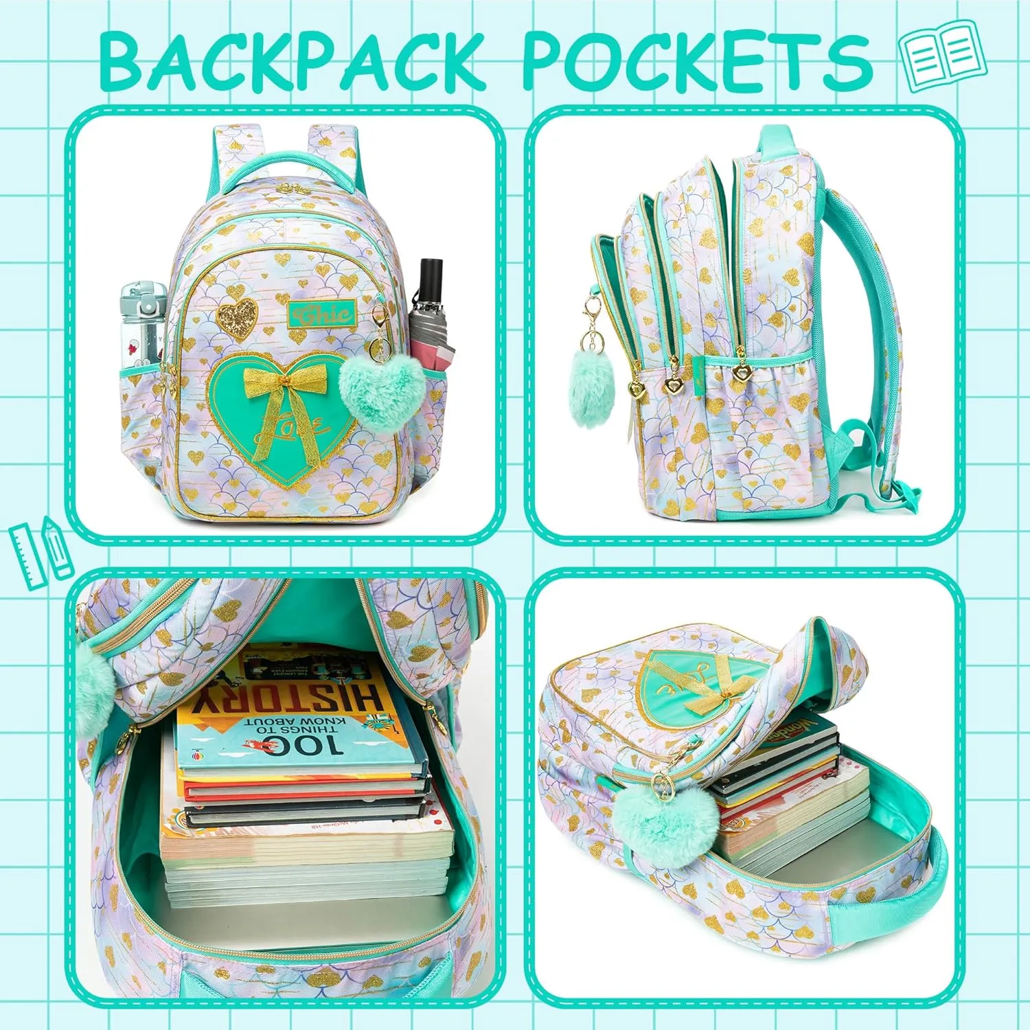 Meetbelify Kids Backpacks for Girls Backpacks for School Kids Canvas Travel Laptop Backpack with Lunch Box for Elementary Students Girls Back to School Bookbag Ages 8-10