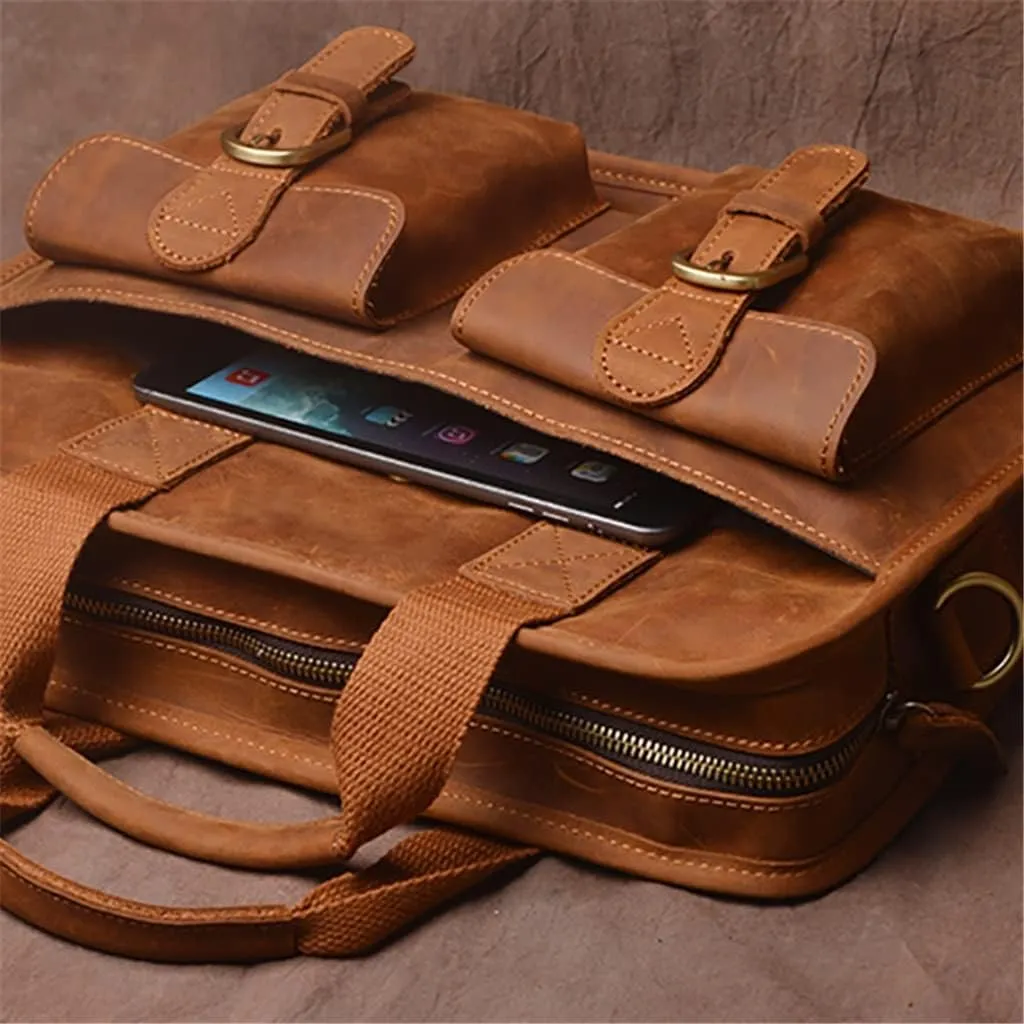 Men Briefcase Man Handbag Shoulder Genuine Leather Bags Brown Business 14 Inch Laptop Bag