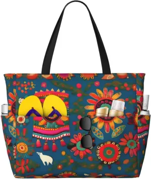 Mexican Folk Art Boho Print Beach Tote Bag Large Travel Bag With Zipper And Pockets Lightweight Gym Bag