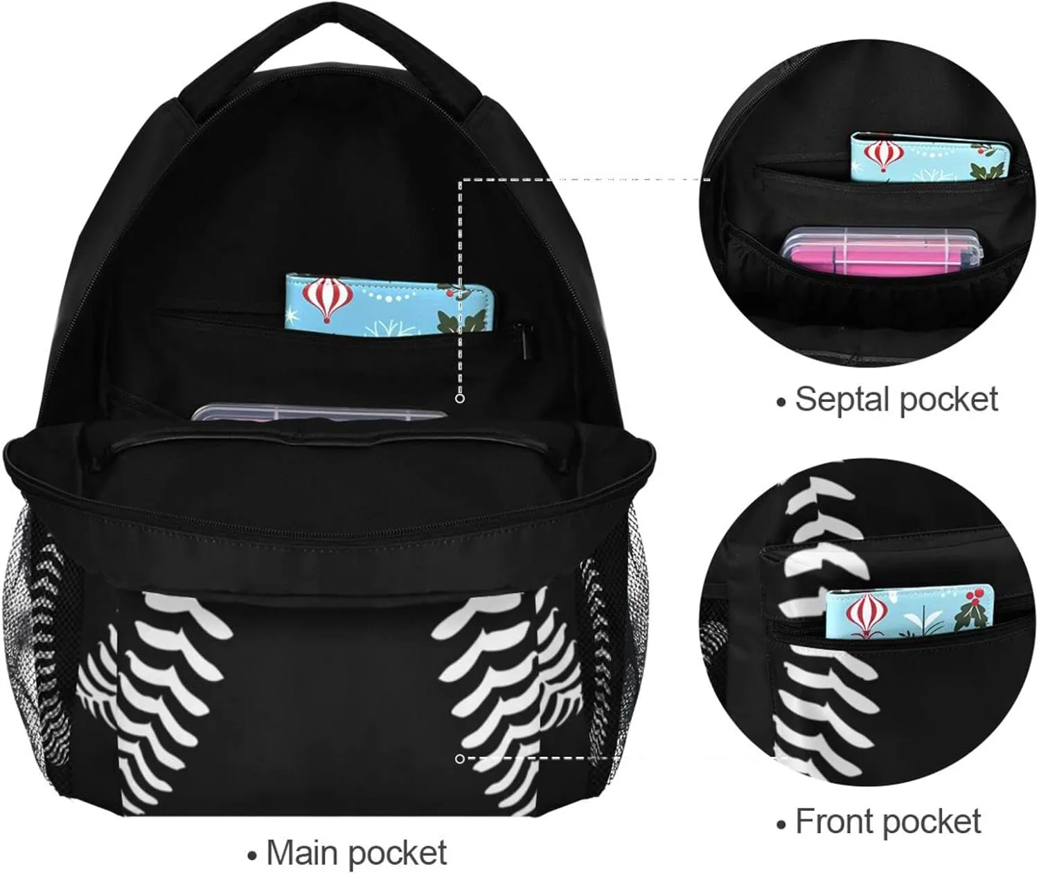 Miaoquhe Black Baseball Backpacks School Bookbag for Kids Sport Softball Backpacks Laptop Shoulder Bag for Women Girls Men Boys School Casual Daypack for Travel Hiking Camping