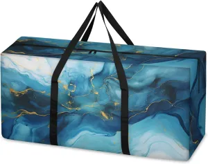 Modern Marble Extra Large Moving Bags Heavy Duty Storage Bags Blue Gold Marble Cloth Wrap Around Handles Double Zipper Reusable Convenient Foldable Storage Tote for Travel Camping Space Save