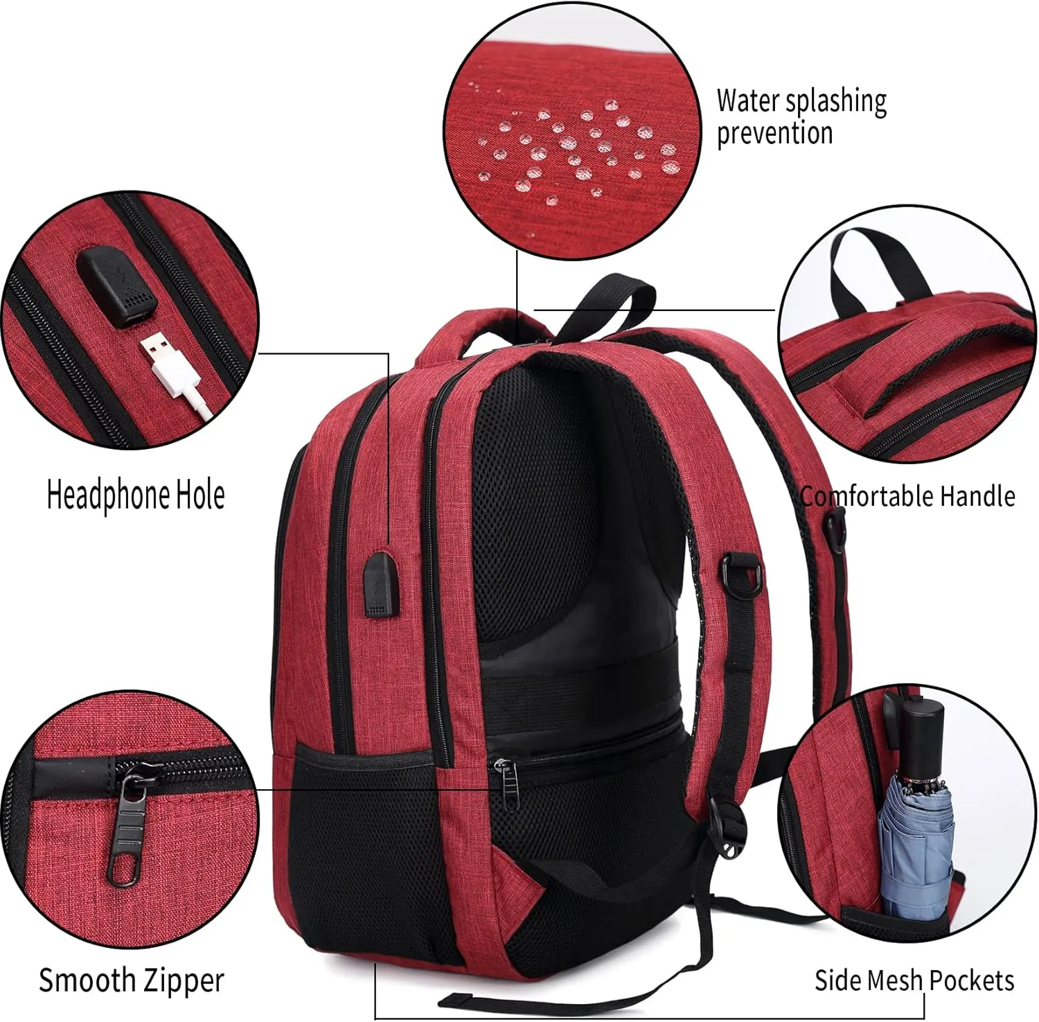 Monsdle Travel Laptop Backpack Anti Theft Backpacks with USB Charging Port, Travel Backpacks Business Work Bag 15.6 Inch College Computer Bag for Men Women, Red