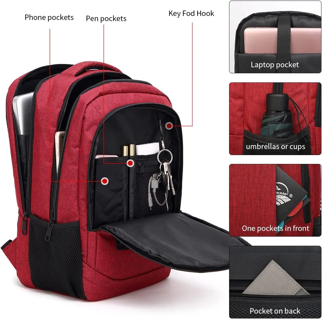 Monsdle Travel Laptop Backpack Anti Theft Backpacks with USB Charging Port, Travel Backpacks Business Work Bag 15.6 Inch College Computer Bag for Men Women, Red
