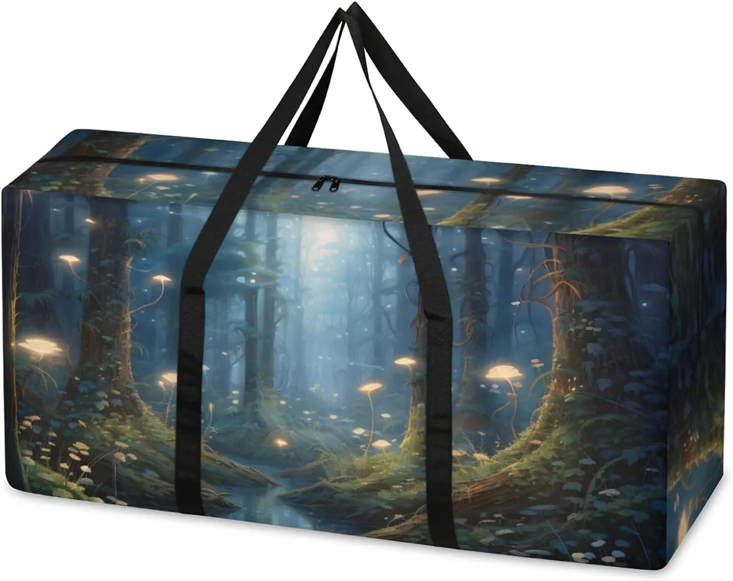 Mystical Forest Extra Large Moving Bags Heavy Duty Storage Bags Artistic Forest Cloth Wrap Around Handles Double Zipper Reusable Convenient Foldable Storage Tote for Travel Camping Space Save