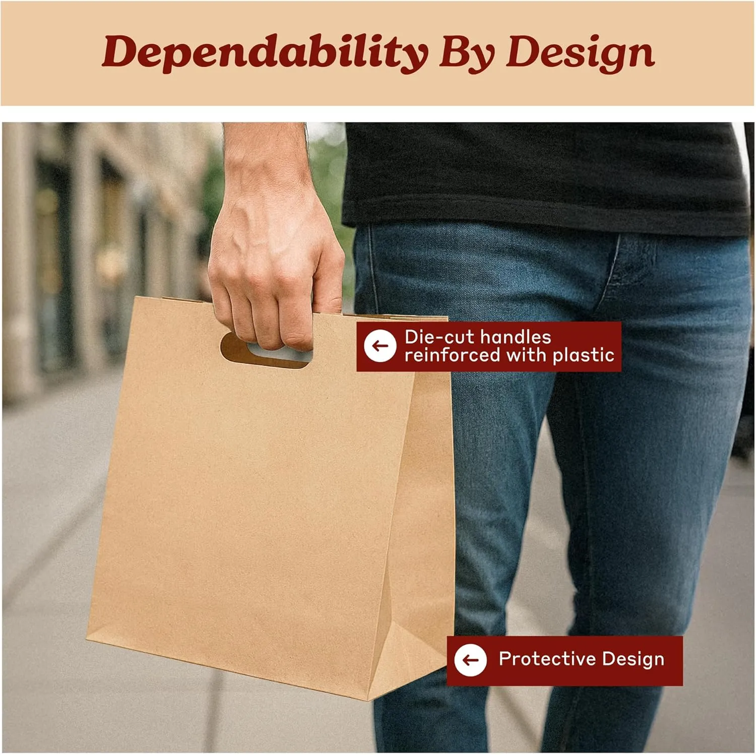 Natural Brown Kraft Paper Bags with Die Cut Handles - Recyclable Shopping Tote Bag for Retail, Gifts, Restaurant Takeout, Catering, Bakery, Small Business, Party Favors - 11" x 6" x 11", 500 Pack