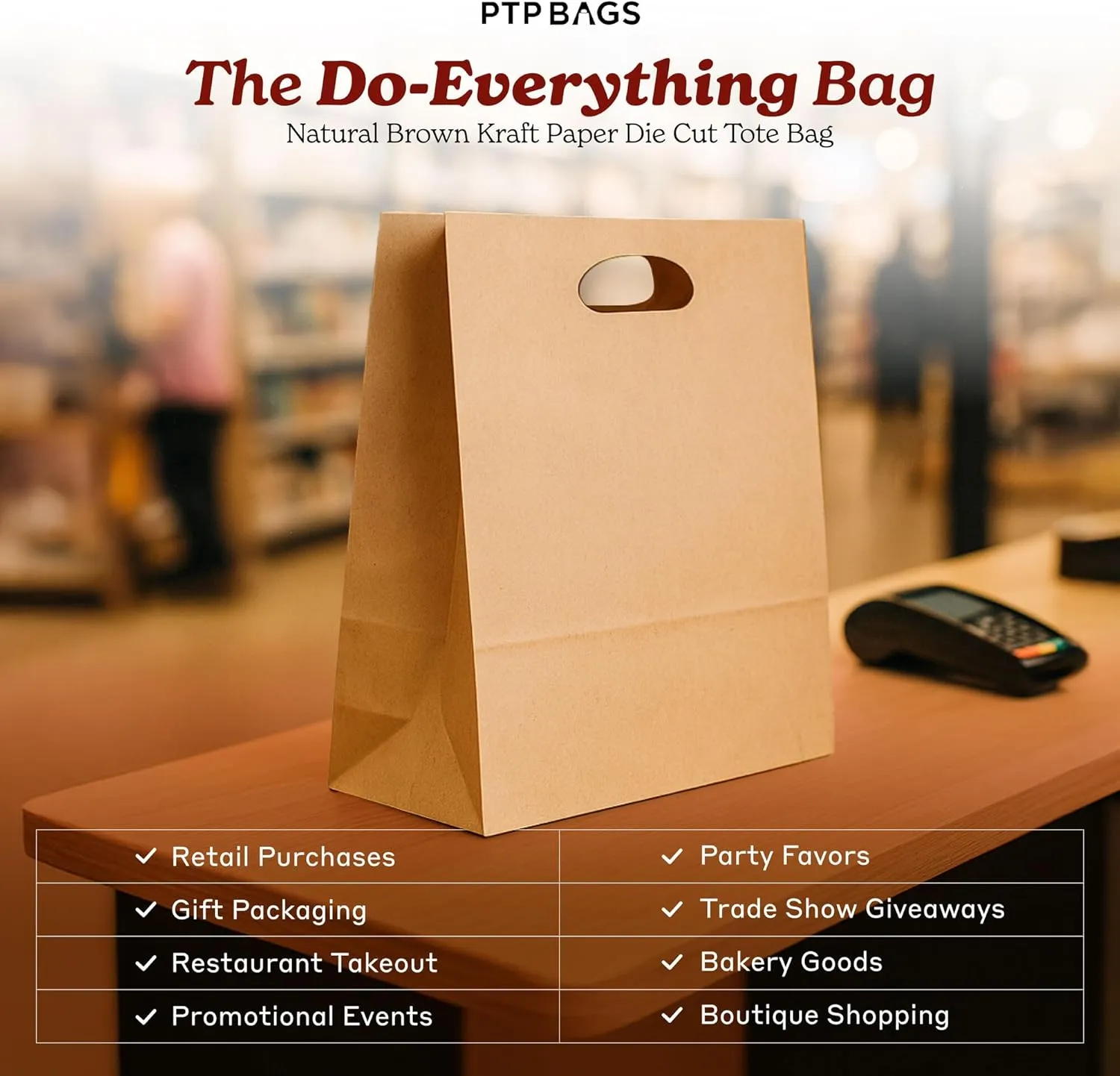 Natural Brown Kraft Paper Bags with Die Cut Handles - Recyclable Shopping Tote Bag for Retail, Gifts, Restaurant Takeout, Catering, Bakery, Small Business, Party Favors - 11" x 6" x 11", 500 Pack