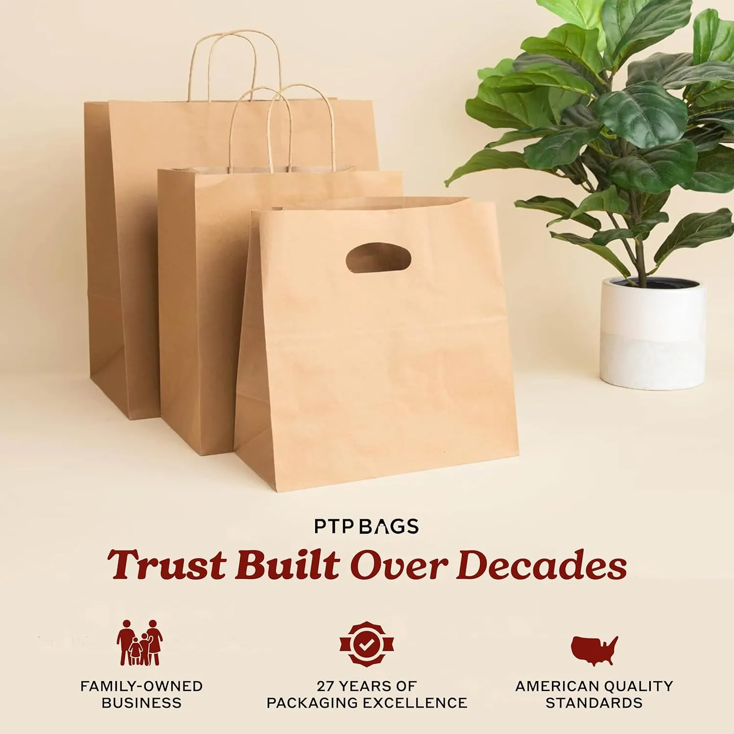Natural Brown Kraft Paper Bags with Die Cut Handles - Recyclable Shopping Tote Bag for Retail, Gifts, Restaurant Takeout, Catering, Bakery, Small Business, Party Favors - 11" x 6" x 11", 500 Pack