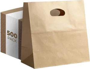 Natural Brown Kraft Paper Bags with Die Cut Handles - Recyclable Shopping Tote Bag for Retail, Gifts, Restaurant Takeout, Catering, Bakery, Small Business, Party Favors - 11" x 6" x 11", 500 Pack