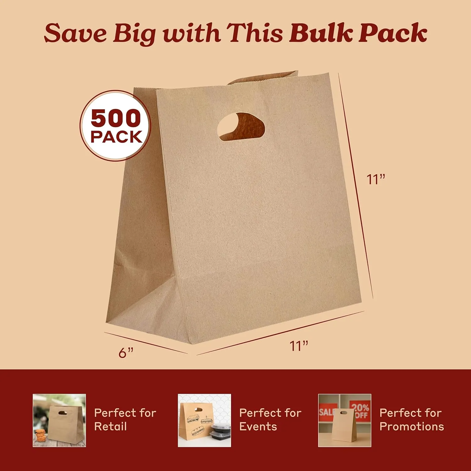 Natural Brown Kraft Paper Bags with Die Cut Handles - Recyclable Shopping Tote Bag for Retail, Gifts, Restaurant Takeout, Catering, Bakery, Small Business, Party Favors - 11" x 6" x 11", 500 Pack