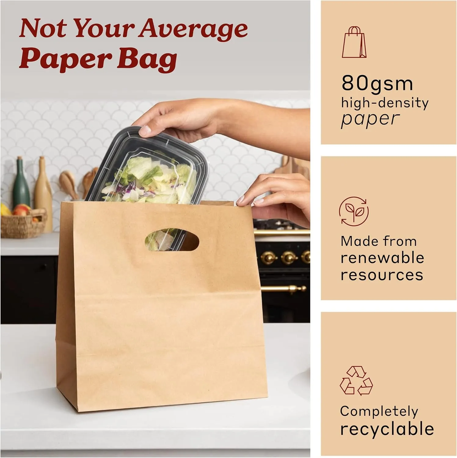 Natural Brown Kraft Paper Bags with Die Cut Handles - Recyclable Shopping Tote Bag for Retail, Gifts, Restaurant Takeout, Catering, Bakery, Small Business, Party Favors - 11" x 6" x 11", 500 Pack