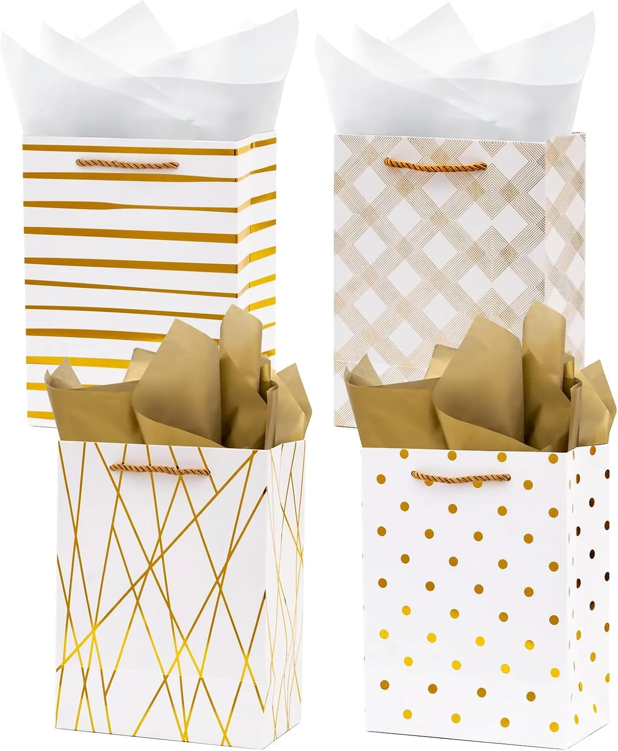 Nihuecne 9" Gift Bags Medium Size with Tissue Paper, 4 Pack White Gold Wrap Paper Gift Bags with Handles for Shopping Parties Wedding Baby Shower Holiday Presents 4 Designs