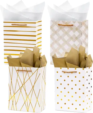 Nihuecne 9" Gift Bags Medium Size with Tissue Paper, 4 Pack White Gold Wrap Paper Gift Bags with Handles for Shopping Parties Wedding Baby Shower Holiday Presents 4 Designs