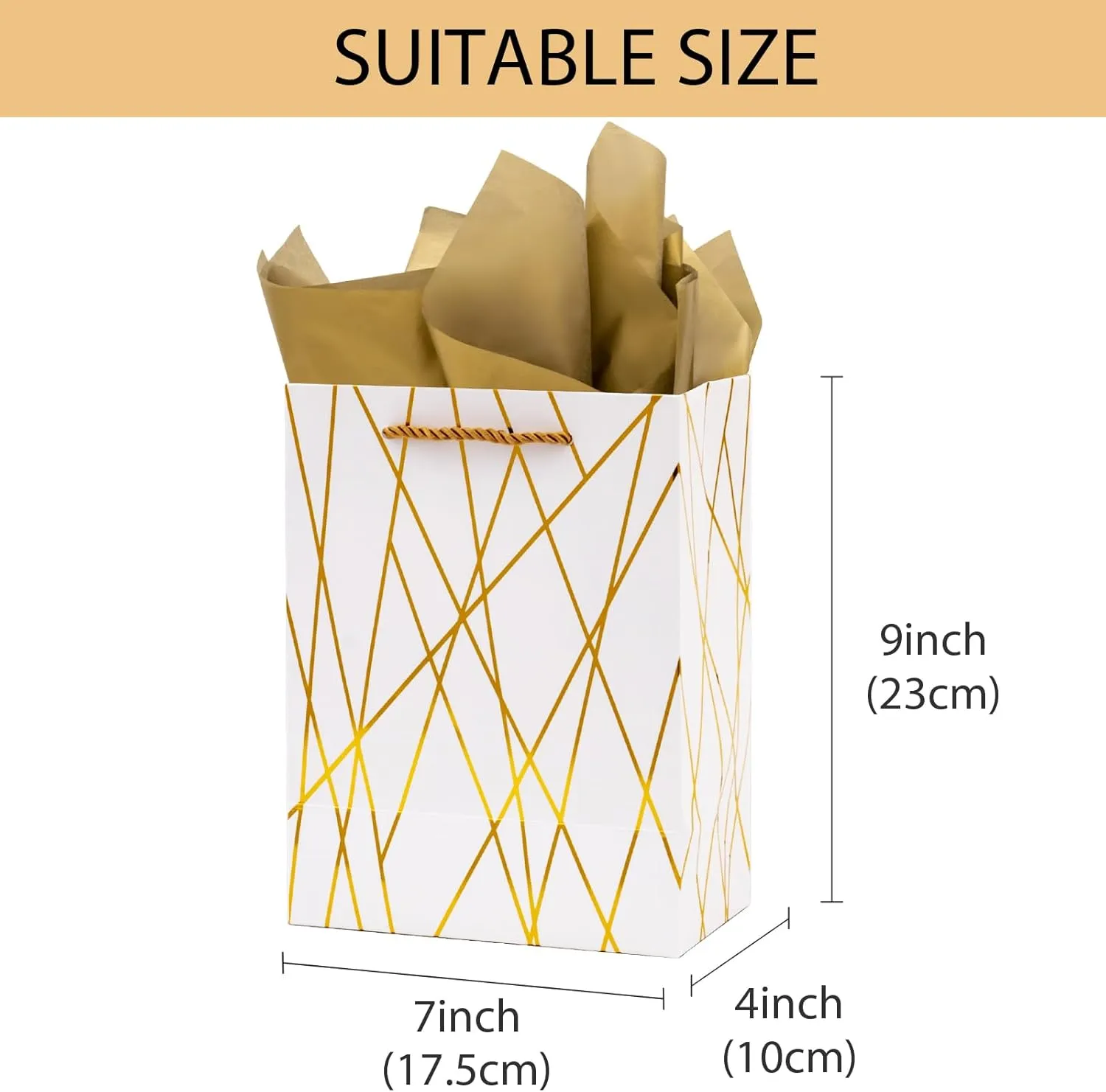 Nihuecne 9" Gift Bags Medium Size with Tissue Paper, 4 Pack White Gold Wrap Paper Gift Bags with Handles for Shopping Parties Wedding Baby Shower Holiday Presents 4 Designs