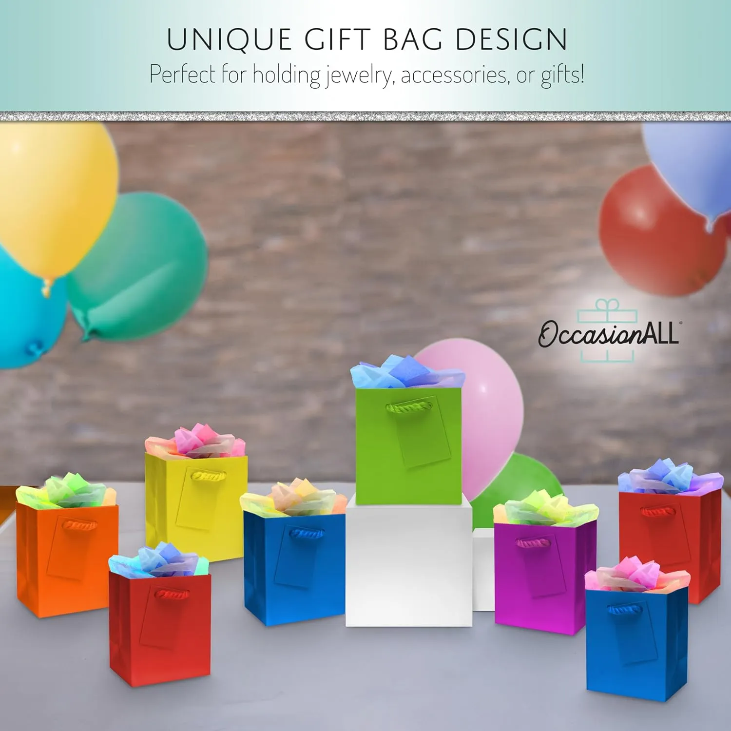OccasionALL Multi Color Mini Gift Bags with Handles for Holidays, Birthdays, Cards, Goodies, Weddings, Party Favors, Events, Bulk, 4x2.75x4.5, 12 Pack