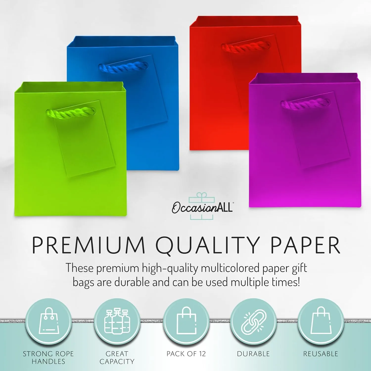 OccasionALL Multi Color Mini Gift Bags with Handles for Holidays, Birthdays, Cards, Goodies, Weddings, Party Favors, Events, Bulk, 4x2.75x4.5, 12 Pack