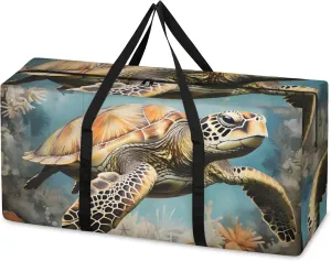 Ocean Turtle Extra Large Moving Bags Heavy Duty Storage Bags Artistic Turtle Cloth Wrap Around Handles Double Zipper Reusable Convenient Foldable Storage Tote for Travel Camping Space Save