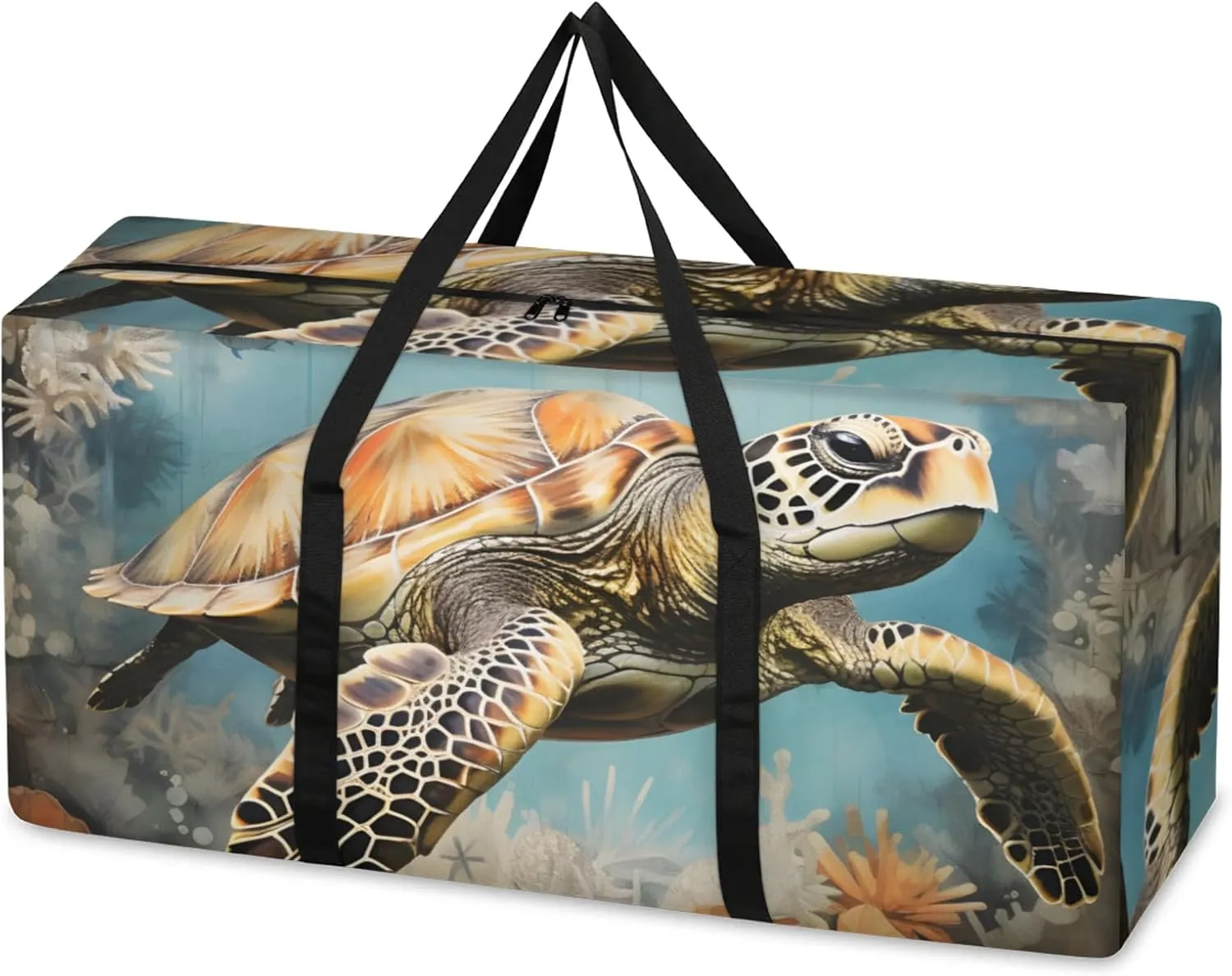 Ocean Turtle Extra Large Moving Bags Heavy Duty Storage Bags Artistic Turtle Cloth Wrap Around Handles Double Zipper Reusable Convenient Foldable Storage Tote for Travel Camping Space Save