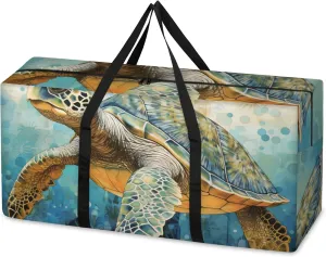 Ocean Turtle Extra Large Moving Bags Heavy Duty Storage Bags Gothic Turtle Cloth Wrap Around Handles Double Zipper Reusable Convenient Foldable Storage Tote for Travel Camping Space Save