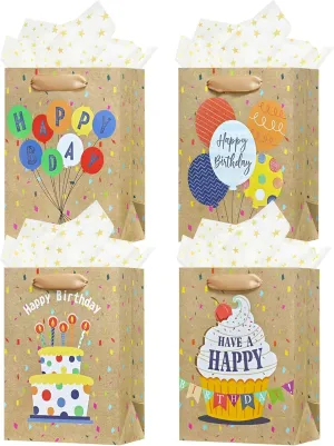 OFIHANLY 4Pcs 9" Small Size Happy Birthday Gift Bag with Handles for Women Men Girls Boy Baby Kids Party Brown Paper Bag with Tissue Paper