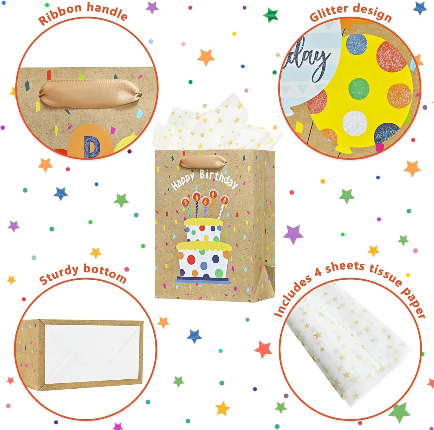OFIHANLY 4Pcs 9" Small Size Happy Birthday Gift Bag with Handles for Women Men Girls Boy Baby Kids Party Brown Paper Bag with Tissue Paper