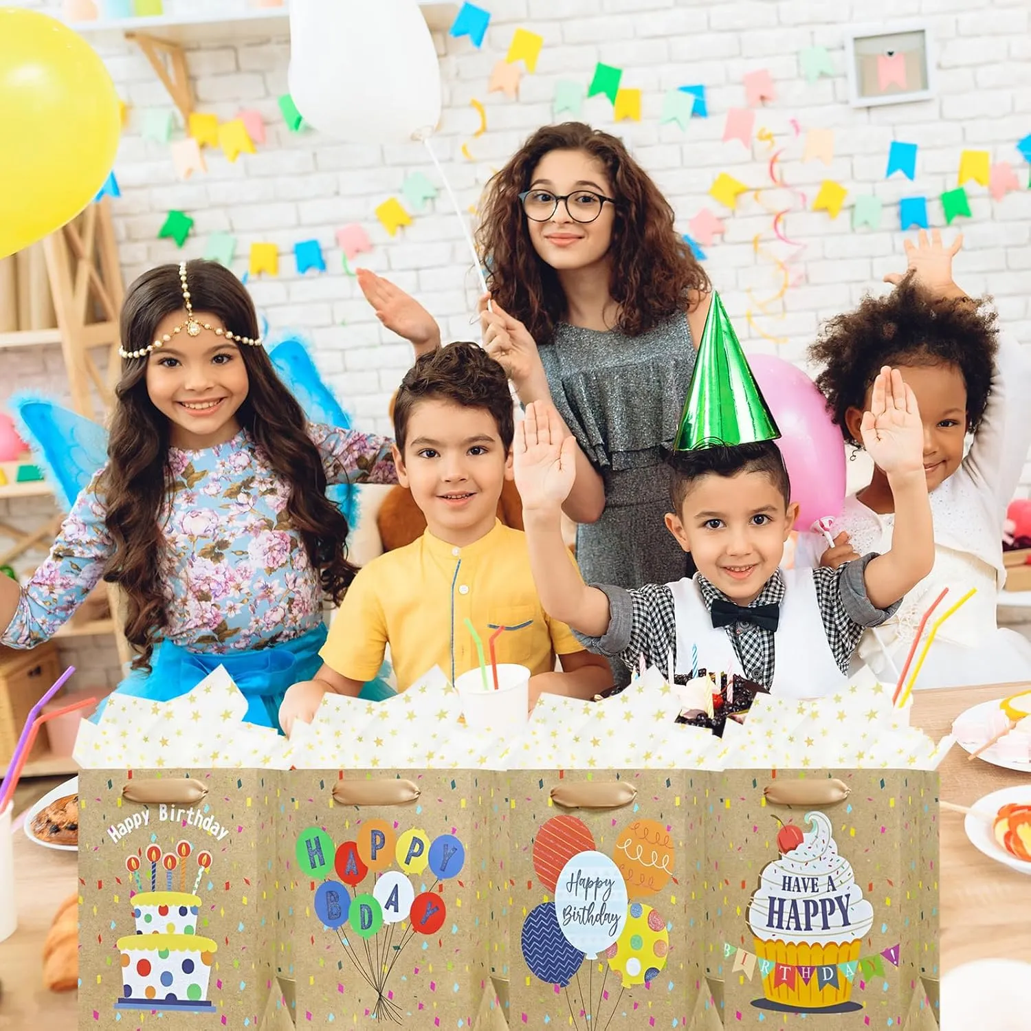 OFIHANLY 4Pcs 9" Small Size Happy Birthday Gift Bag with Handles for Women Men Girls Boy Baby Kids Party Brown Paper Bag with Tissue Paper