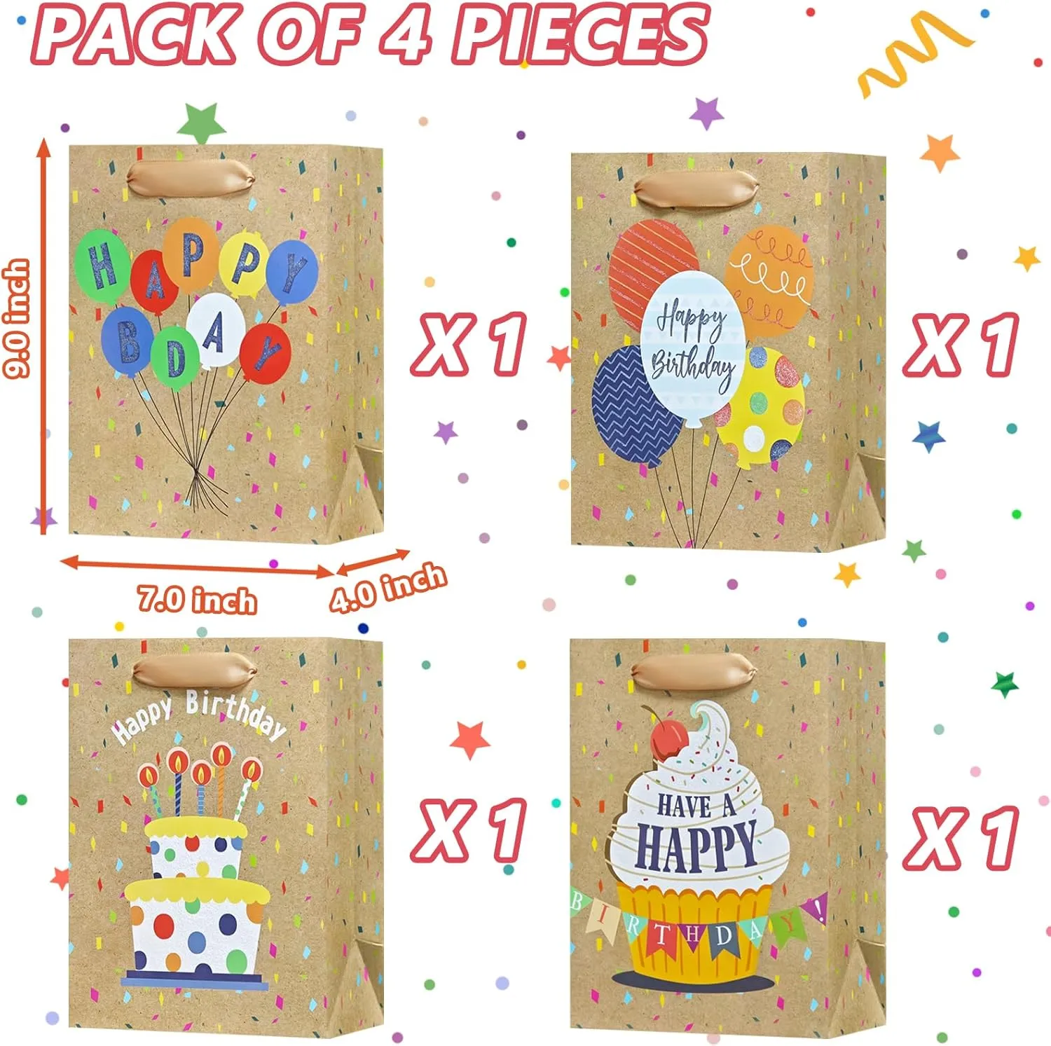 OFIHANLY 4Pcs 9" Small Size Happy Birthday Gift Bag with Handles for Women Men Girls Boy Baby Kids Party Brown Paper Bag with Tissue Paper