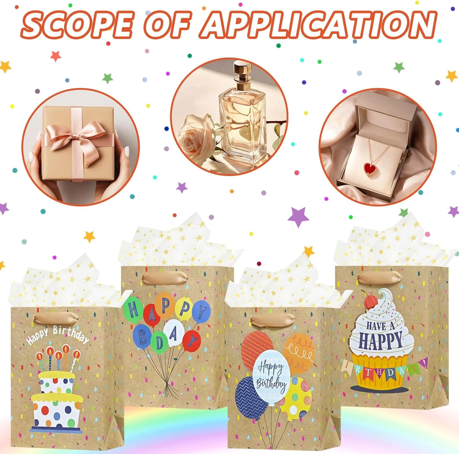 OFIHANLY 4Pcs 9" Small Size Happy Birthday Gift Bag with Handles for Women Men Girls Boy Baby Kids Party Brown Paper Bag with Tissue Paper
