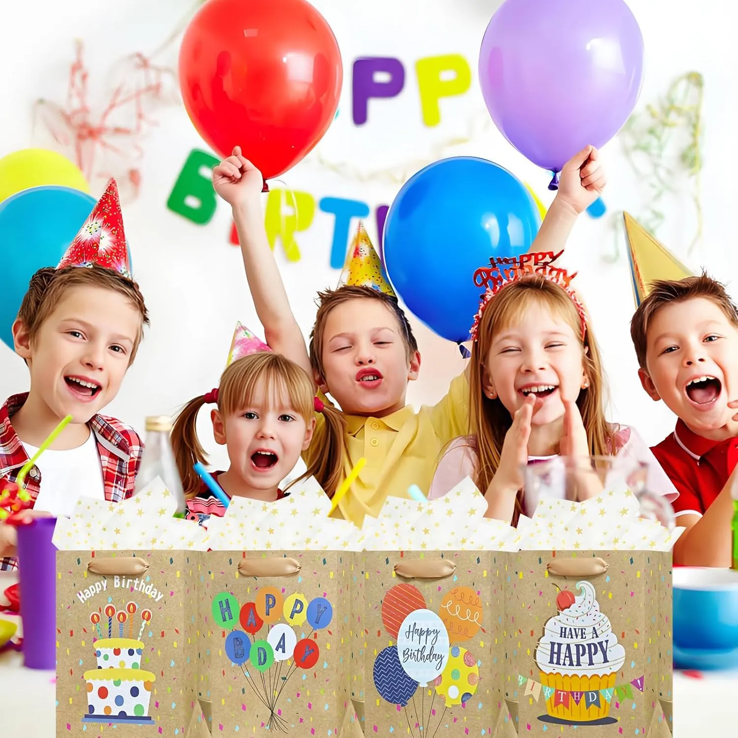 OFIHANLY 4Pcs 9" Small Size Happy Birthday Gift Bag with Handles for Women Men Girls Boy Baby Kids Party Brown Paper Bag with Tissue Paper