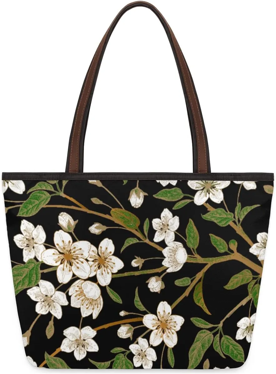 Peach Flower Large Beach Tote Bag for Women Reusable Grocery Shopping Handbag with Zipper Top Handle Tote Size L