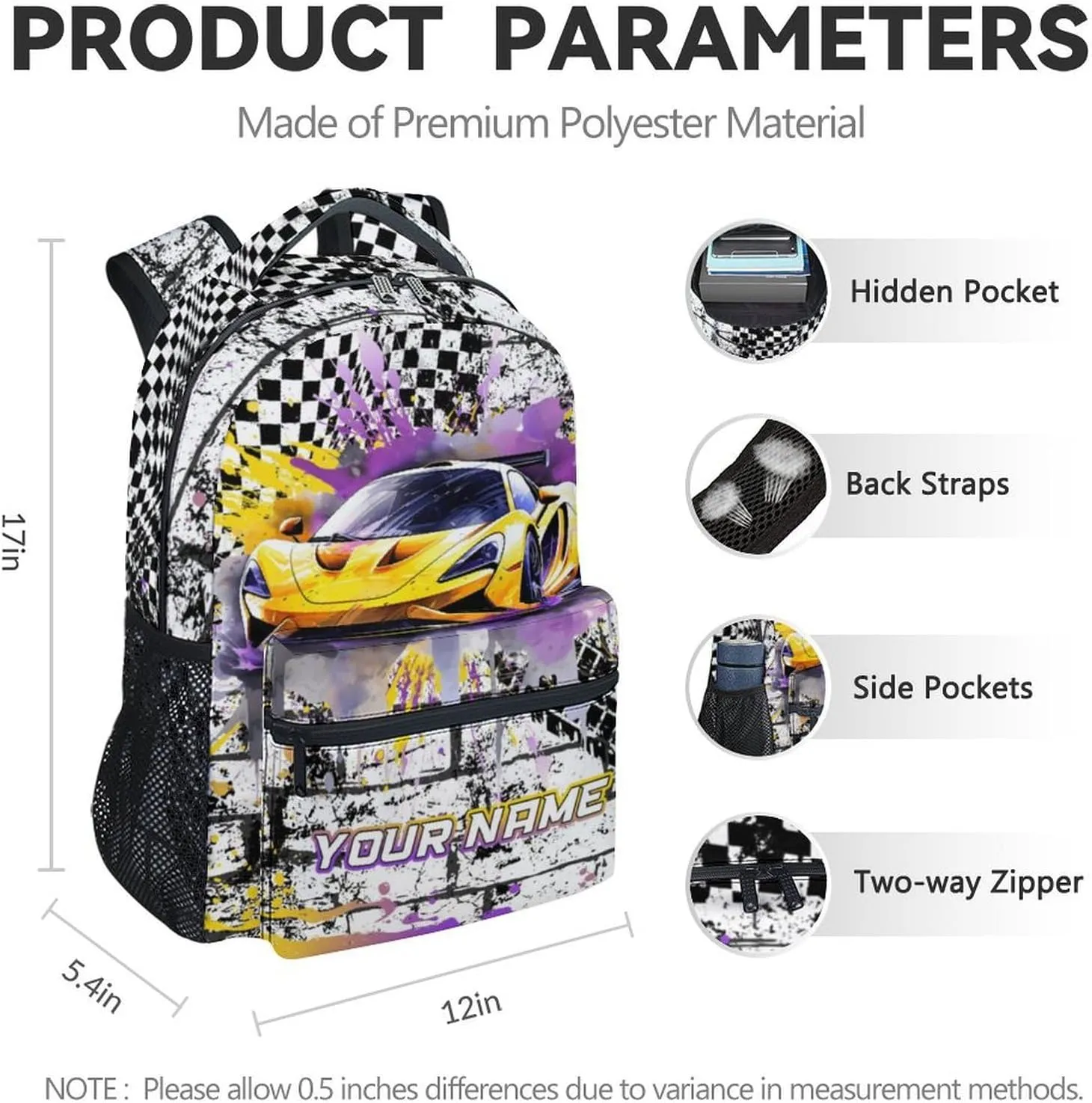 Personalized Backpack for Kids, 17 Inch Cool Car Backpacks for Boys, Yellow Lightweight Travel Bookbag for Middle School & High School