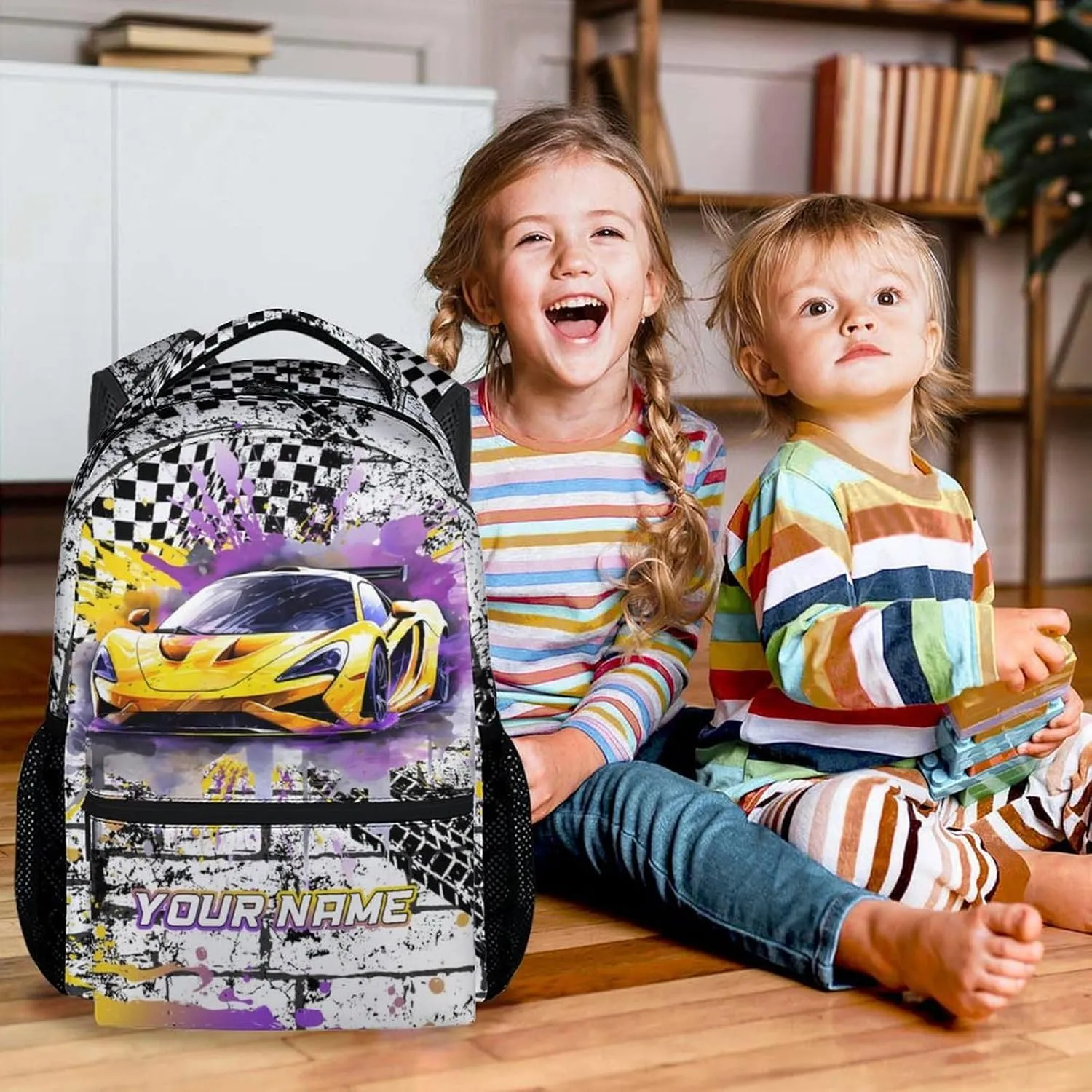 Personalized Backpack for Kids, 17 Inch Cool Car Backpacks for Boys, Yellow Lightweight Travel Bookbag for Middle School & High School
