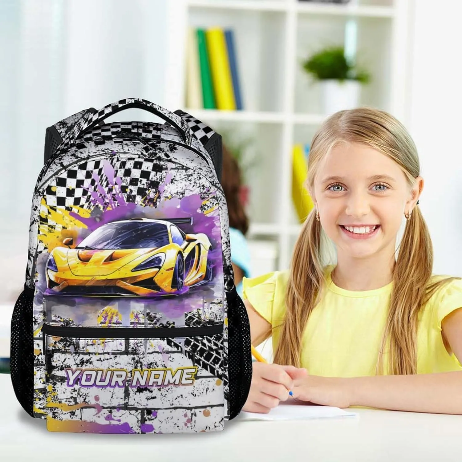 Personalized Backpack for Kids, 17 Inch Cool Car Backpacks for Boys, Yellow Lightweight Travel Bookbag for Middle School & High School