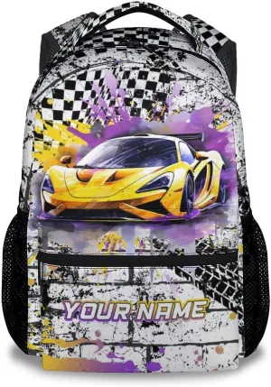 Personalized Backpack for Kids, 17 Inch Cool Car Backpacks for Boys, Yellow Lightweight Travel Bookbag for Middle School & High School