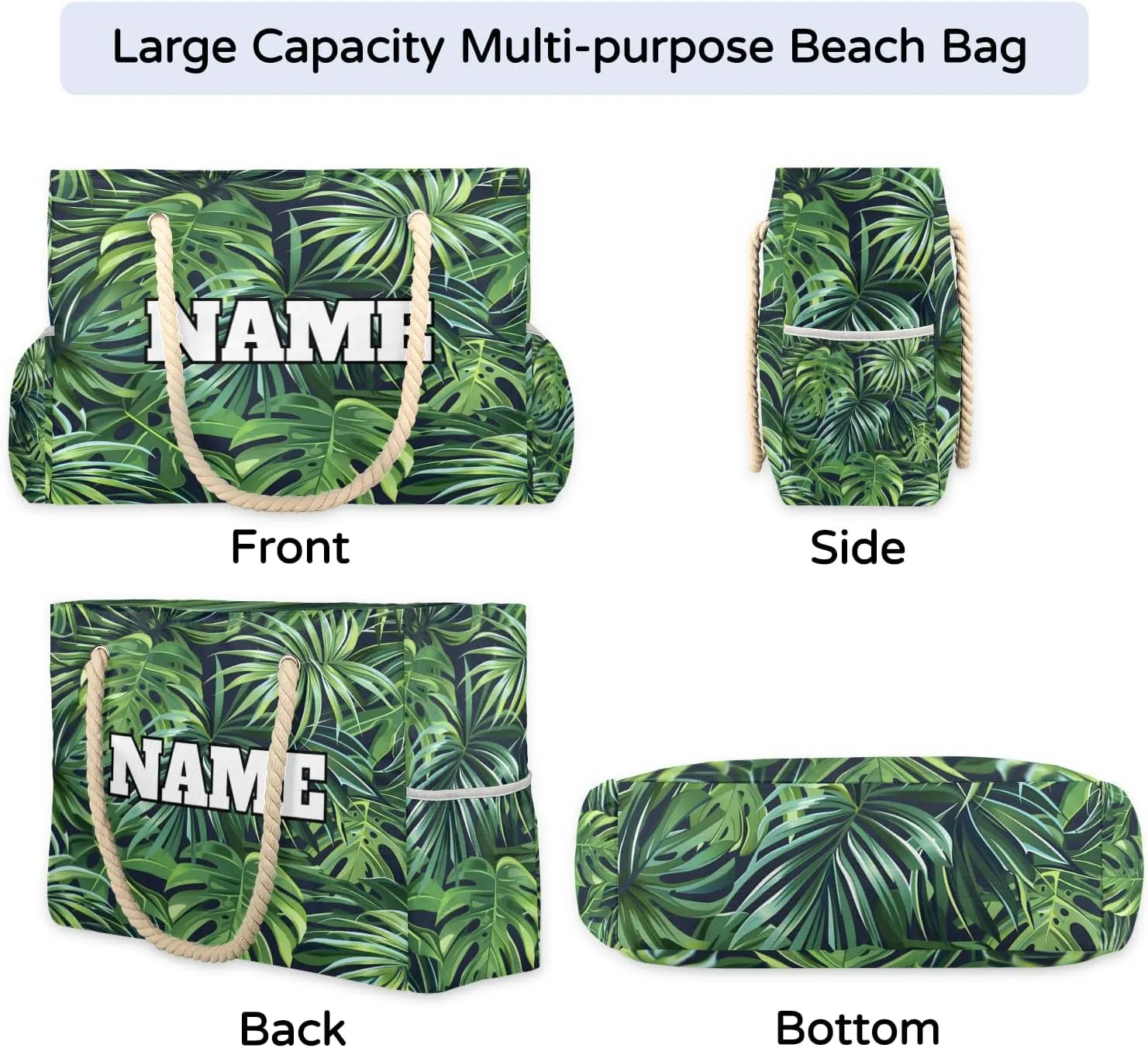 Personalized Name Beach Bags for Women, Large Beach Tote Bag with Zipper, Waterproof Sandproof Swim Pool Bags