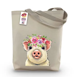 Pig Tote Bag - Pig Lover Gift - Flower Crown pig Totes -Handmade Totes - Pig Canvas Totes - Cute Pig Reusable Shopping Bag - Pig Gifts for Mom- Shoulder Bag - Grocery Bag - Handbag - Beach Bag
